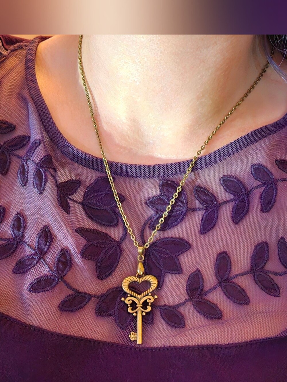 Gold Heart Key Pendant Necklace